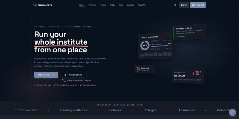 Innovorix - One platform that runs the whole institute: students, fees, exams, attendance, and parent communication.