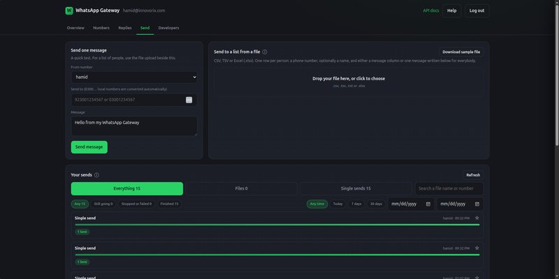 WhatsApp Gateway - Link a WhatsApp number with a QR scan, then send from any application through a simple API.