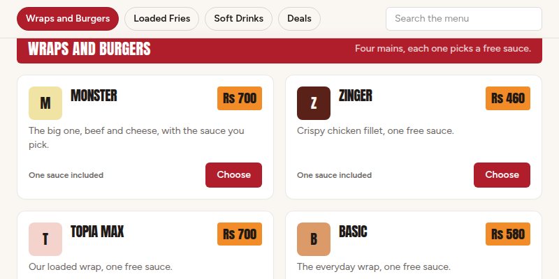 Wrap Topia - One system behind the website, the Android app, the kitchen board and the counter till for a Lahore wrap shop.